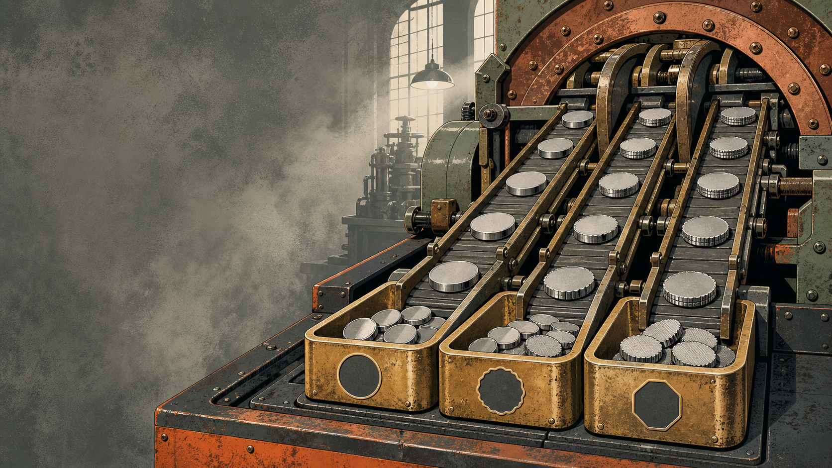 Industrial mint machine sorting blank coins into three edge-profile trays
